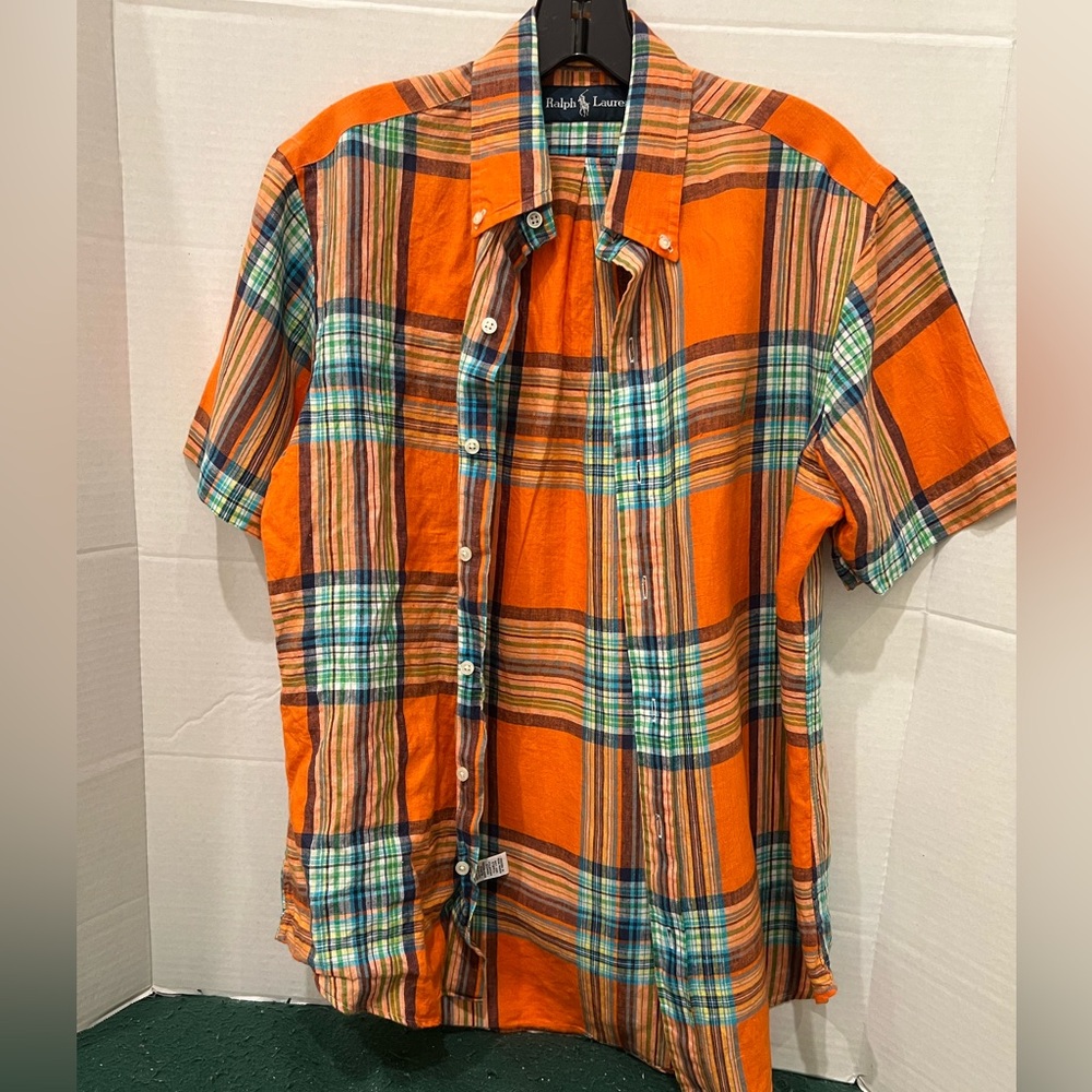 RALPH LAUREN 100% Linen Size S Orange Plaid Men’s Shirt.. Gorgeous color combo.
